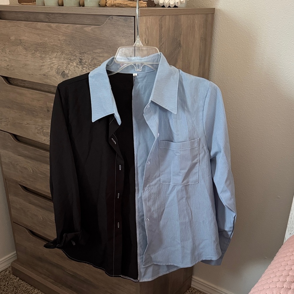 Two-Tone Black and Blue Button-Up Shirt